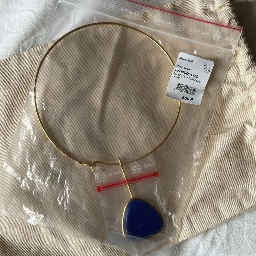NWT Aurelie Bidermann Sofia Necklace in brass covered w 750 gold & lapis laquer